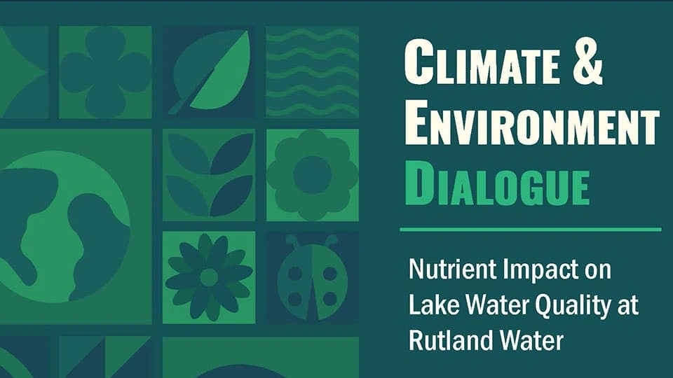 Text reading 'Climate environment dialogue' with event details and green icons of leaves