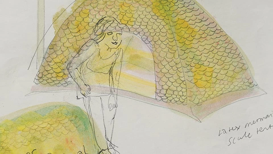 Yellow watercolour over pencil sketch of figure with objects in background by Ellen Angus