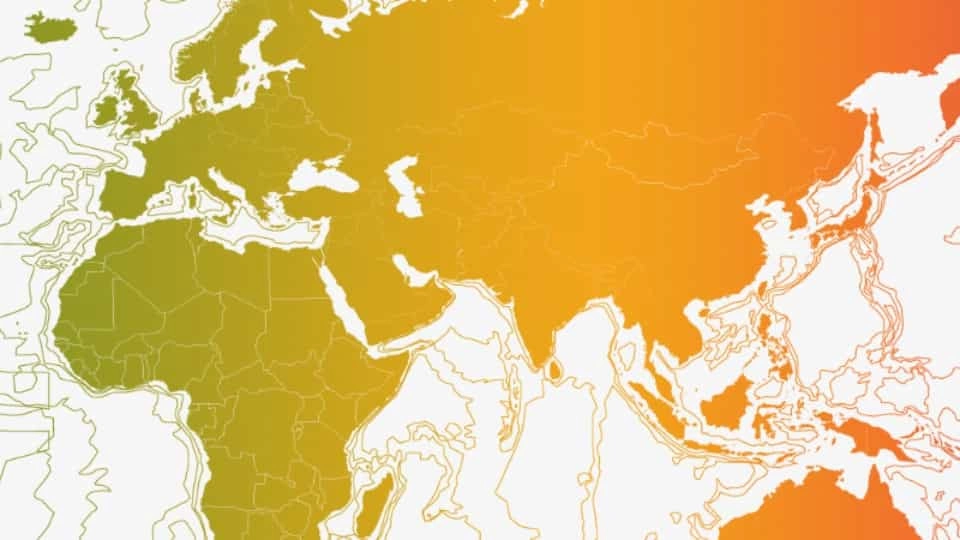 A map of Europe, Asia and Africa with a green-orange gradient