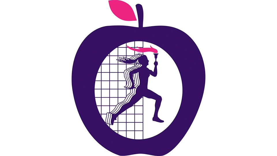ISBS logo featuring a purple apple containing a silhouette of a woman running while holding a torch with a pink flame