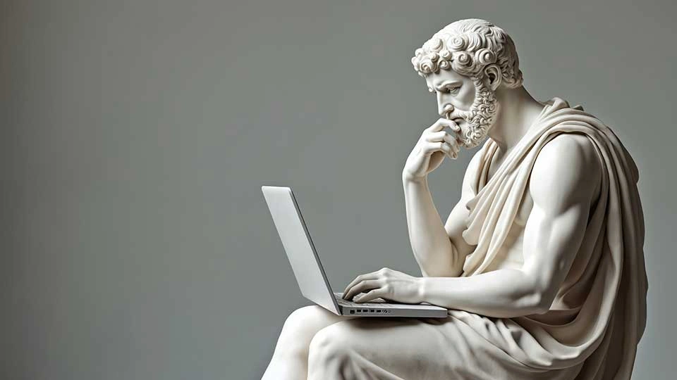 A marble statue looking at a laptop