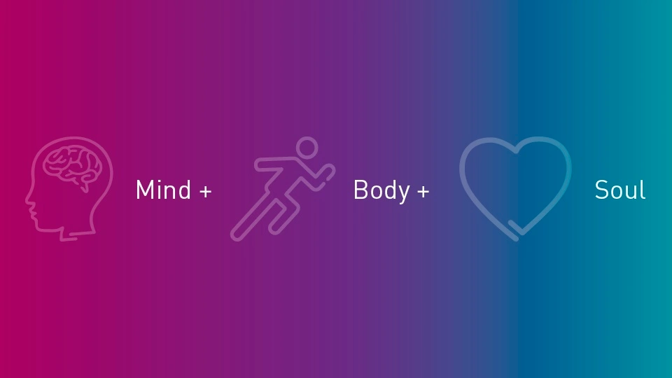 Icons representing the mind, body and soul with labels next to them on a pink-blue gradient