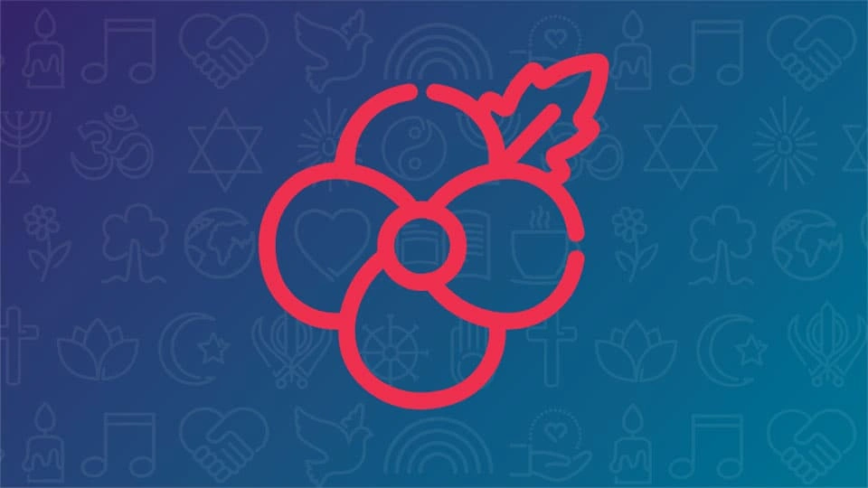 Red remembrance poppy outline on a blue background