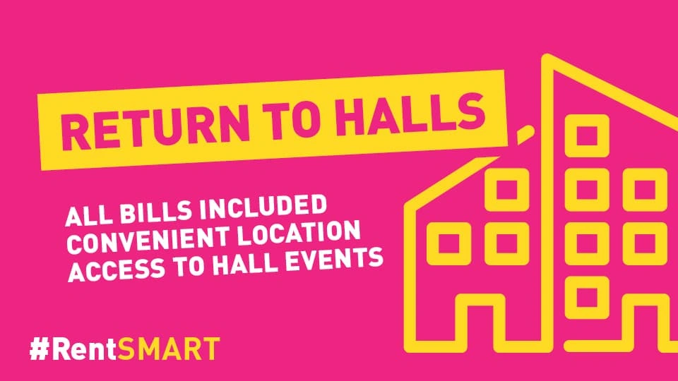 Hashtag Rent Smart slogan on a pink background with a yellow building icon