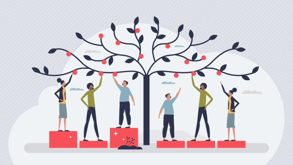 Illustration of six people standing on different height podiums reaching up towards oranges hanging on a tree.