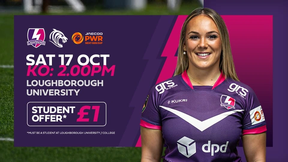 Loughborough Lightning player on a purple and pink background smiling with the event details in text
