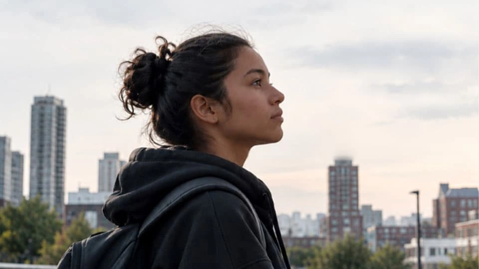Young woman looking to the horizon with a cityscape in the background
