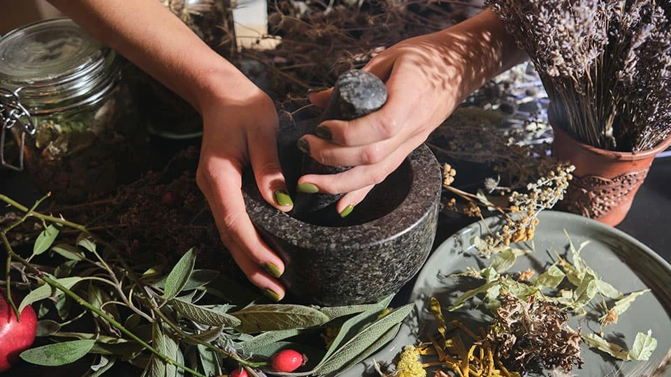Hands grinding ingredients in a pestle and mortar with herbs and plants surrounding