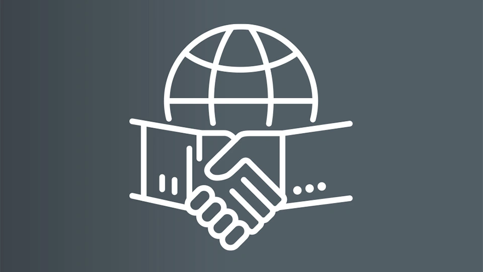 Graphic of hands shaking in front of a world wide web icon