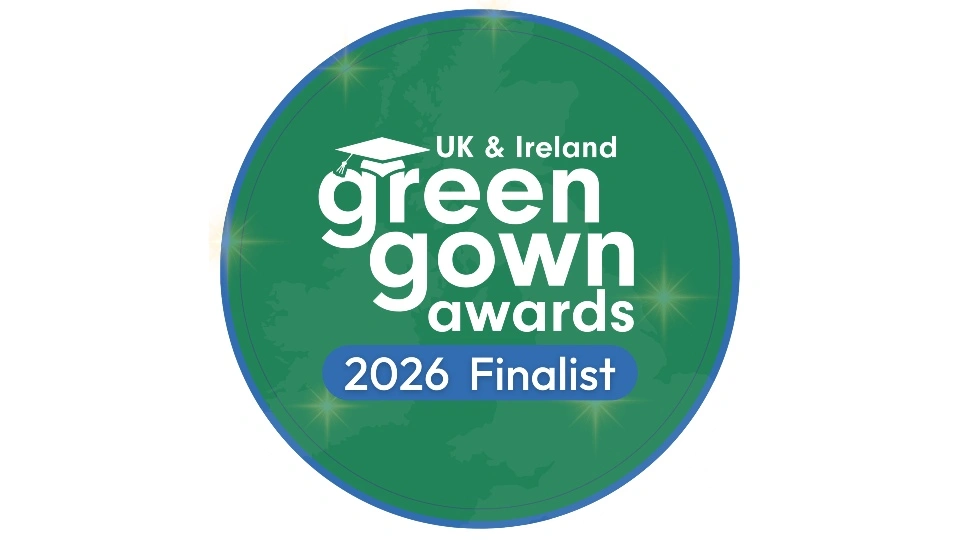 A green circle with text reading 'UK and Ireland Green Gown Awards 2026 finalist'.
