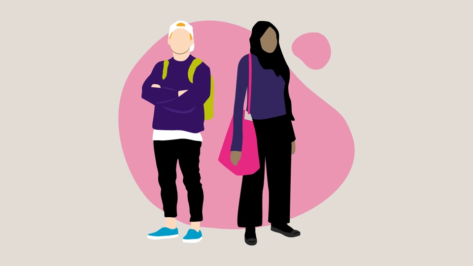 Illustration of a man and a woman who look like students with a pink bubble behind them on a beige background