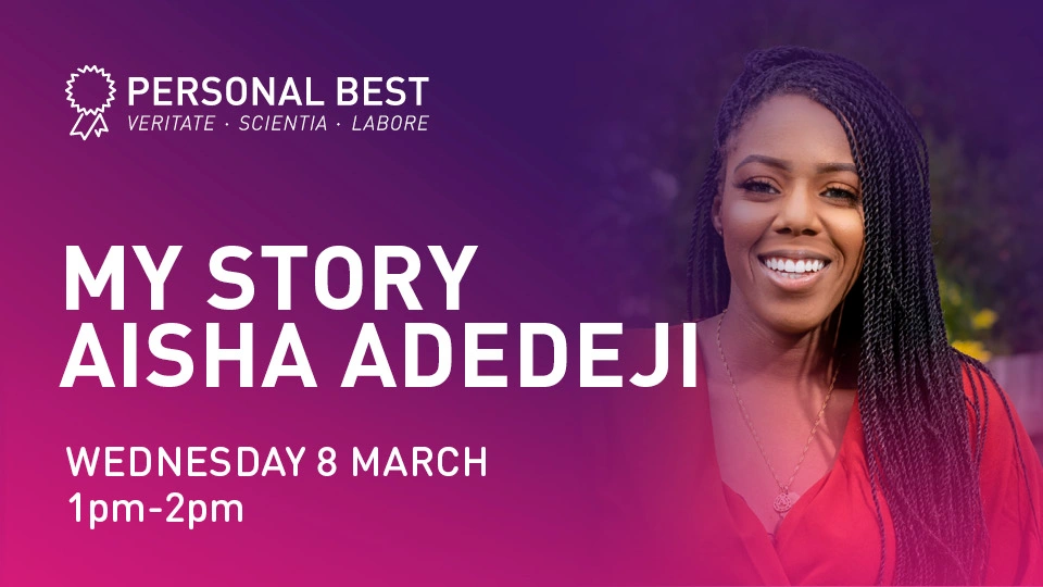 Photo of Aisha along with Personal Best branding and text across a pink and purple gradient background