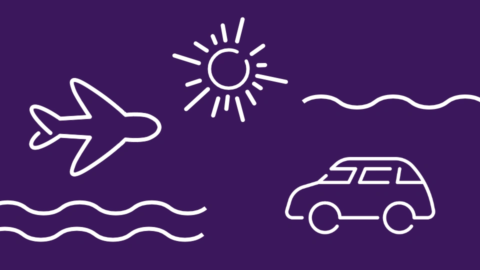 Illustration on a purple background showing a white outline of an airplane, a car, a sun with rays, and wavy lines representing water or travel routes.