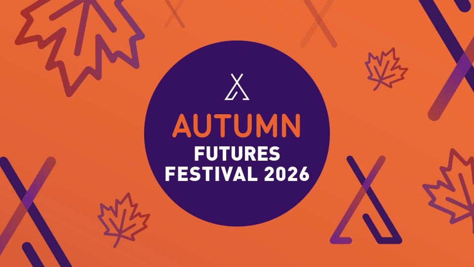 Orange background with autumnal leaves and a central purple circle with text 'Autumn Futures Festival 2026'