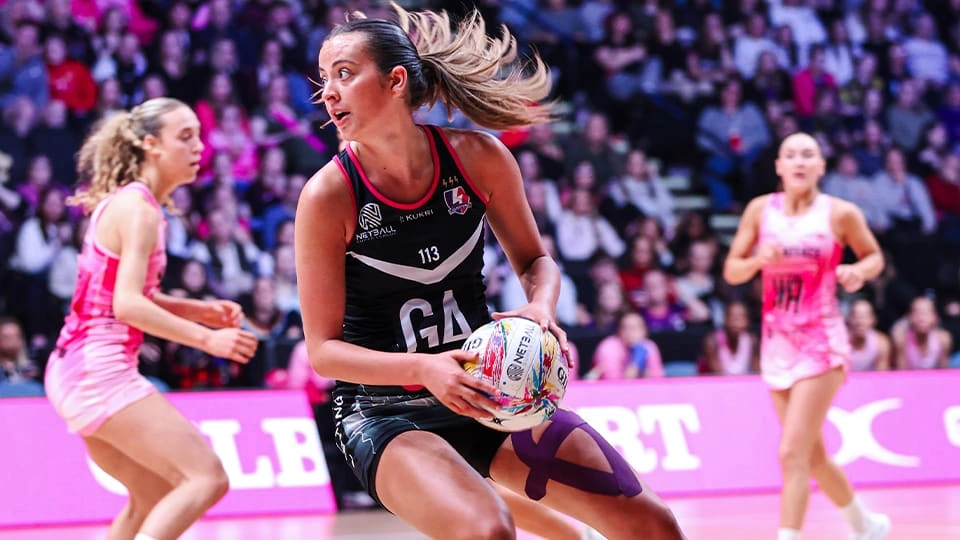Close-up of a Lightning Netball player during a match.
