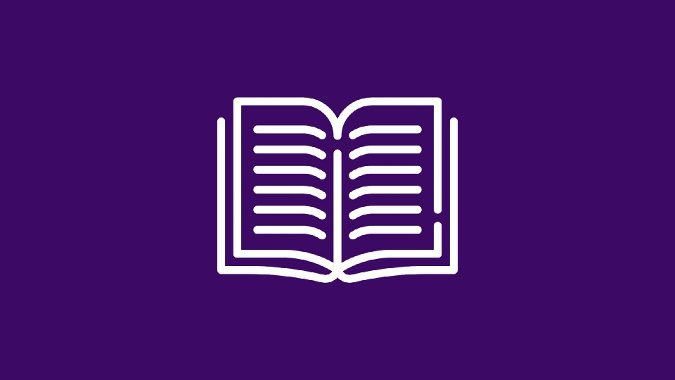 Purple background with an icon of an open book