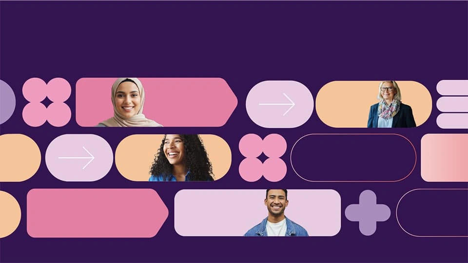 Purple boxes with smiling people and geometric shapes