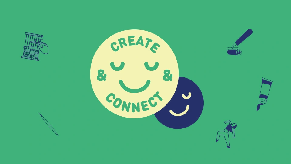 A green and blue graphic of two smiling faces, one with 'create & connect' written inside of it.
