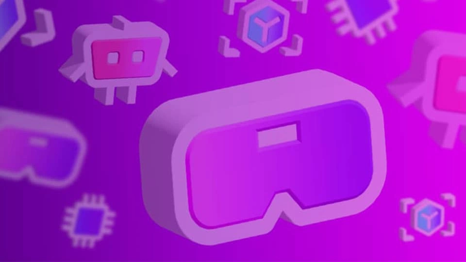 VR mask and emoji graphics in pink, blue, and purple colour palette