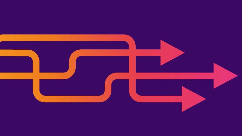 Purple background with orange and pink gradient coloured arrows.