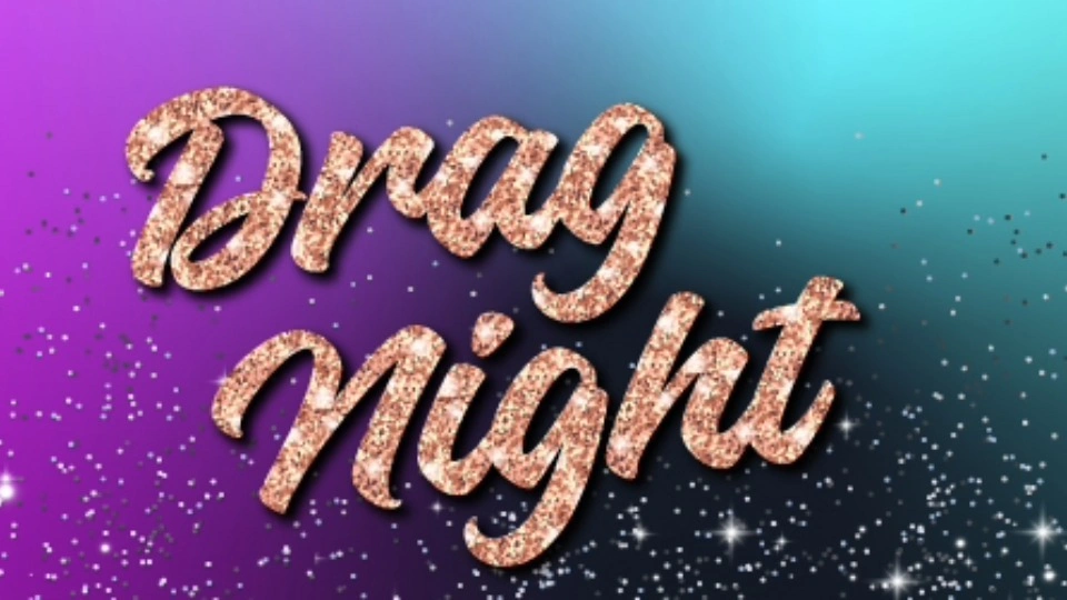 Gold sparkling text reading 'Drag Night' on a blue-purple gradient background