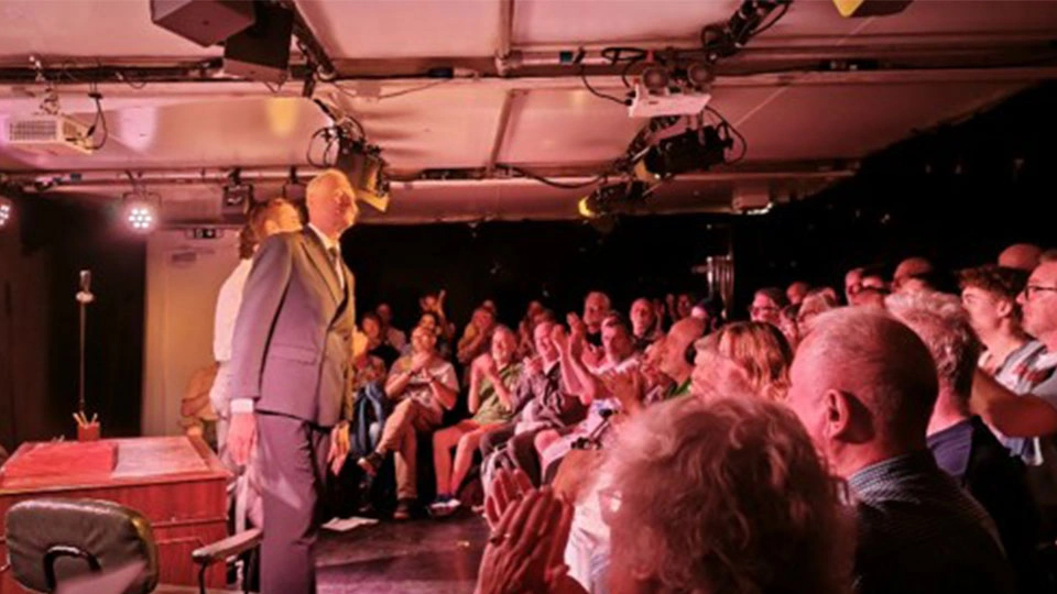 Curtain call at the Crate, Assembly George Square, Edinburgh, featuring Andrew Pollard in the foreground and Max Lohan and Jolyon Benson