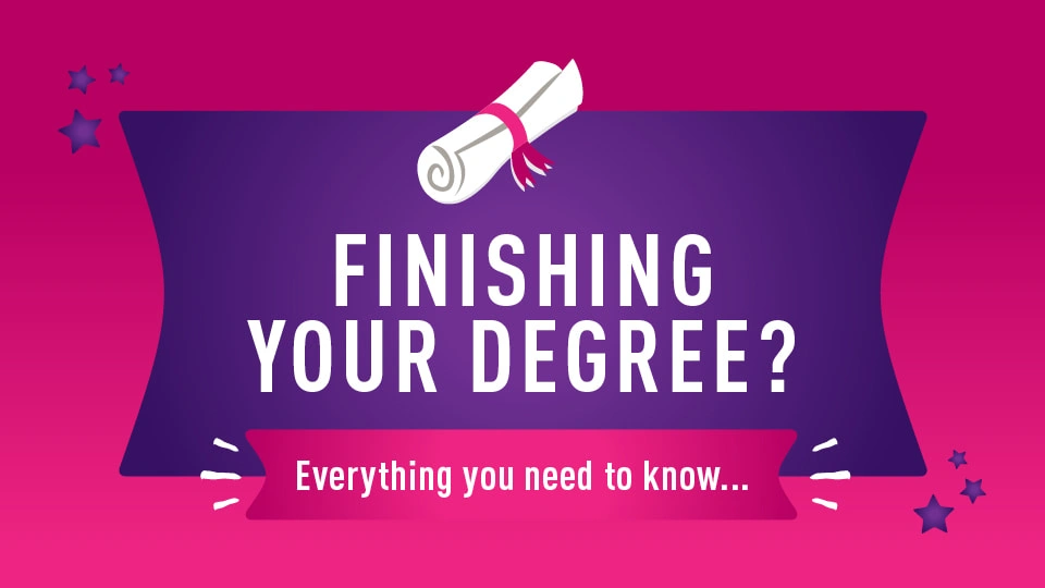 Pink background with icon of a scroll, purple stars, and text reading 'Finishing your degree? Everything you need to know'.