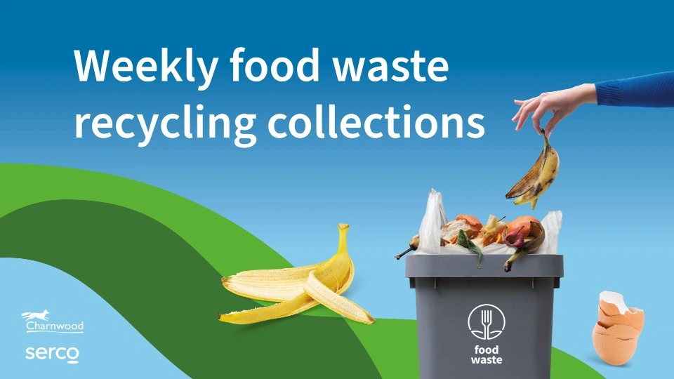 A person putting a banana skin into a food waste bin alongside text reading 'weekly food waste recycling collections'