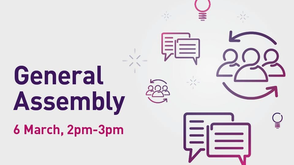 grey background with purple icons of text boxes and people and title saying 'General Assembly'