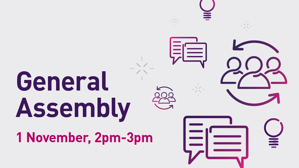 Grey background with pink and purple writing that says General Assembly, as well as the date and time it takes place. Icons such as stars, lightbulbs and people are dotted across the right-hand side of the image