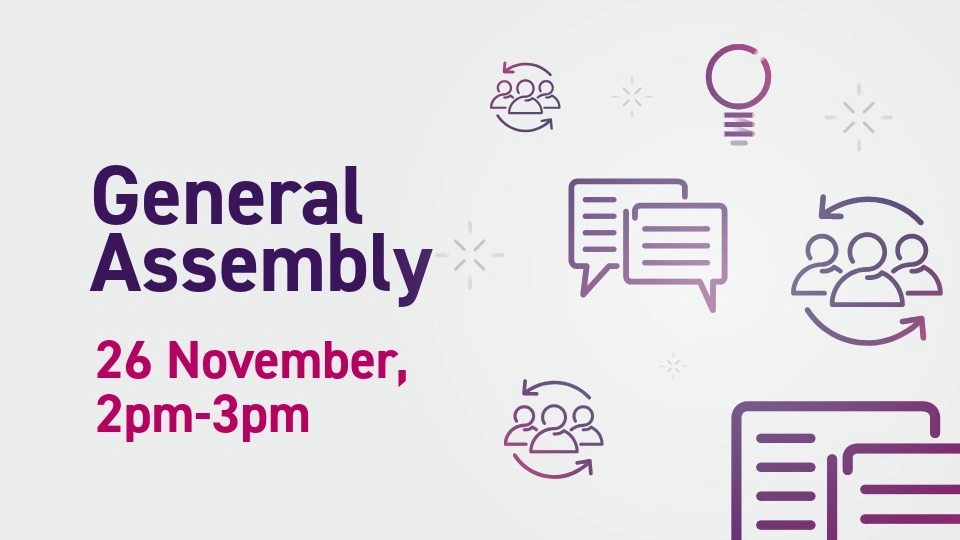 Grey background with purple iconography included of people, speech bubbles and a lightbulb alongside text reading 'General Assembly, 26 November, 2pm-3pm'.