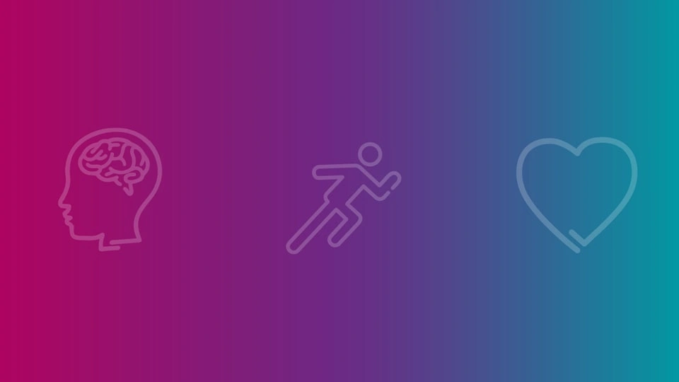 Three faint logos of a brain inside a head, a runner and a heart on a purple-blue gradient background