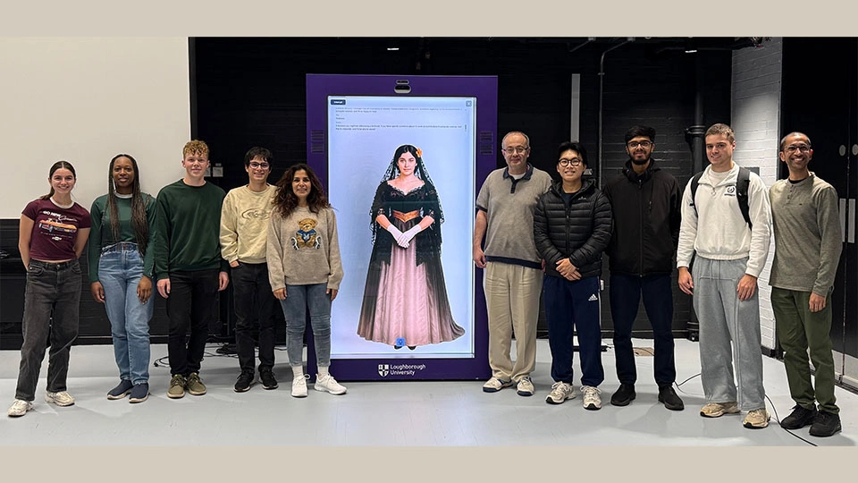 Students and staff standing alongside a life-size holographic AI avatar of a person inside a purple frame.