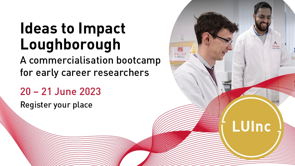 White background with black text providing information about the event, along with a red swirl running through the image. There is also a photo showing two men smiling in lab coats 