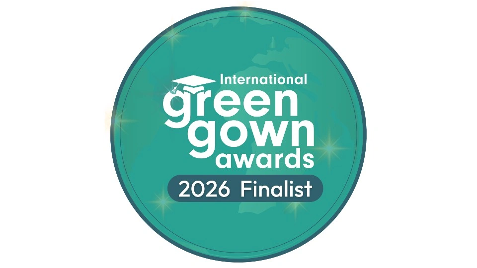 Green circle with text reading 'International Green Gown Awards 2026 finalist'.