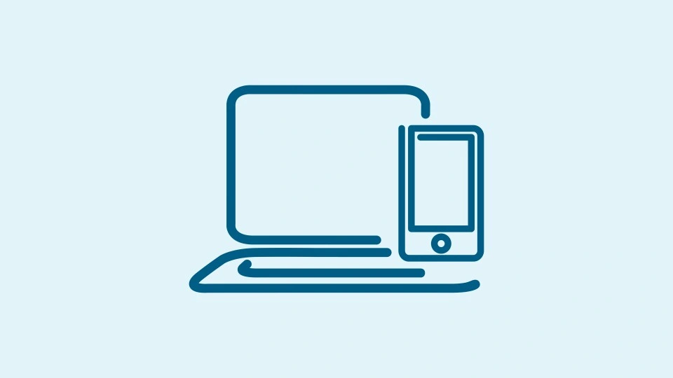Blue background with an icon of a laptop and a phone,
