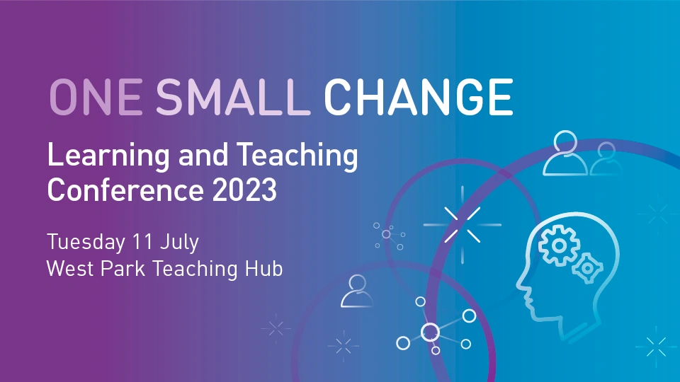 Learning and Teaching Conference 2023 Asset showing the event details on a blue and purple background
