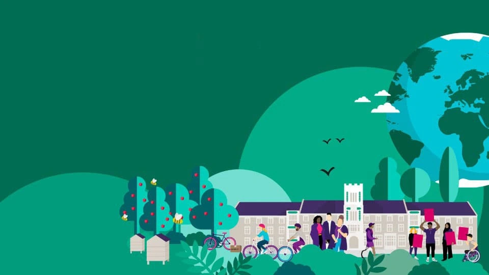 Hazlerigg building illustration with people and trees surrounding it with the planet Earth in the background