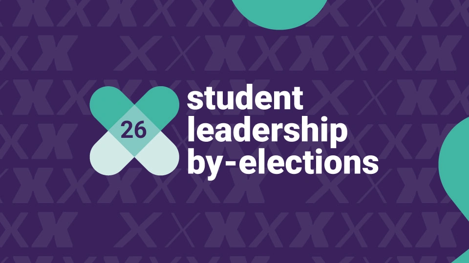 Purple background with an x pattern and the title '26, student leadership by-elections'.