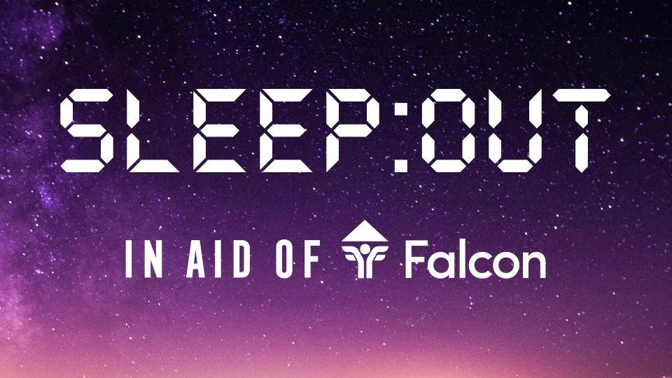 A purple night sky with 'Sleepout' written on top in a digital alarm clock font. 