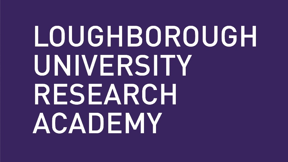 Purple background with text reading 'Loughborough University Research Academy'.