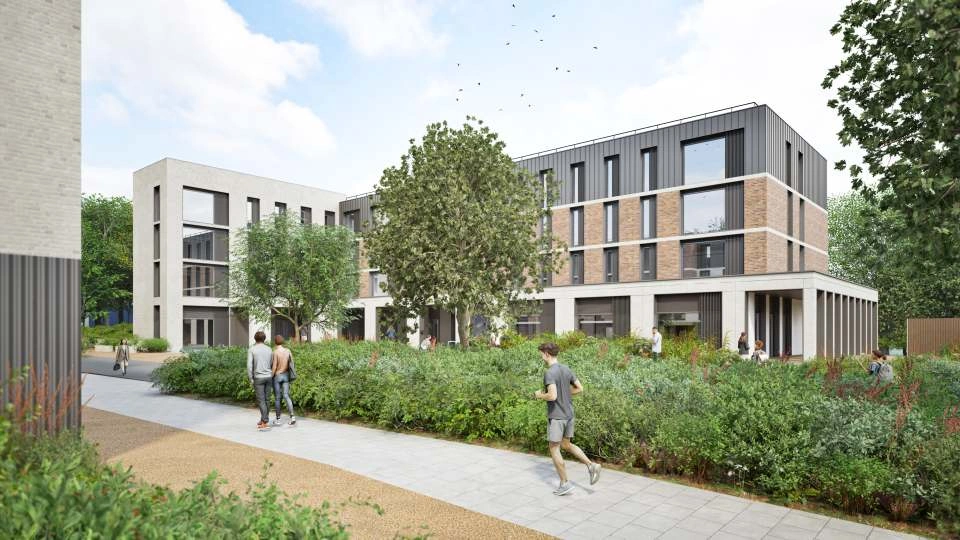 Architectural rendering of a new student accommodation on campus with trees alongside it and people walking past.
