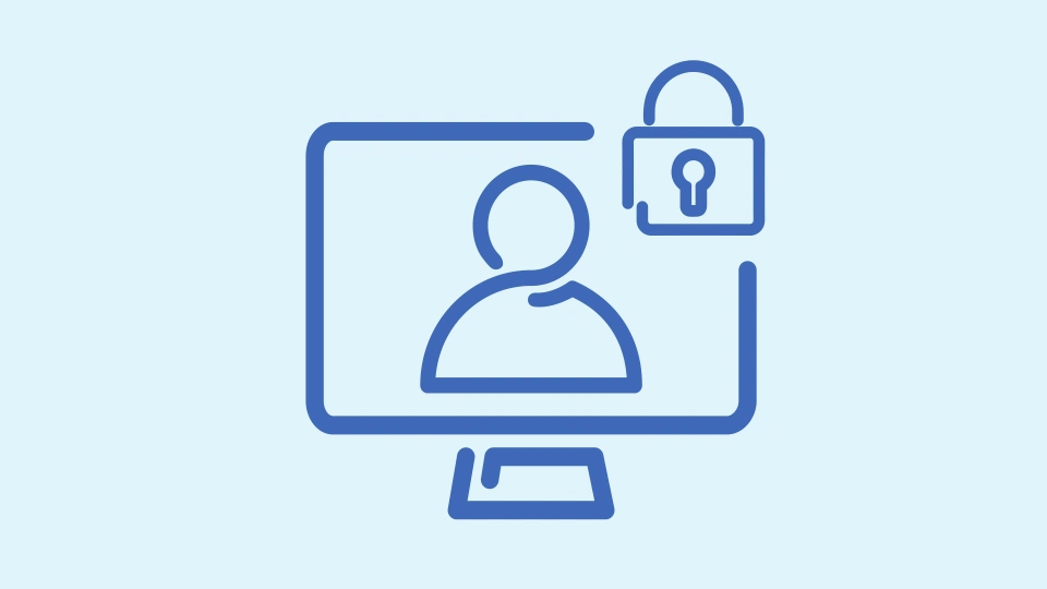 A blue icon of a person on a monitor with a locked padlock in the top righthand corner