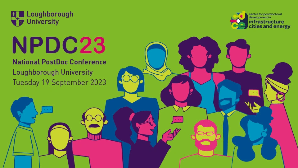 Illustration of different people in different colours on a green background, with the title of the Conference written on as well as the logos of Loughborough University and CDICE