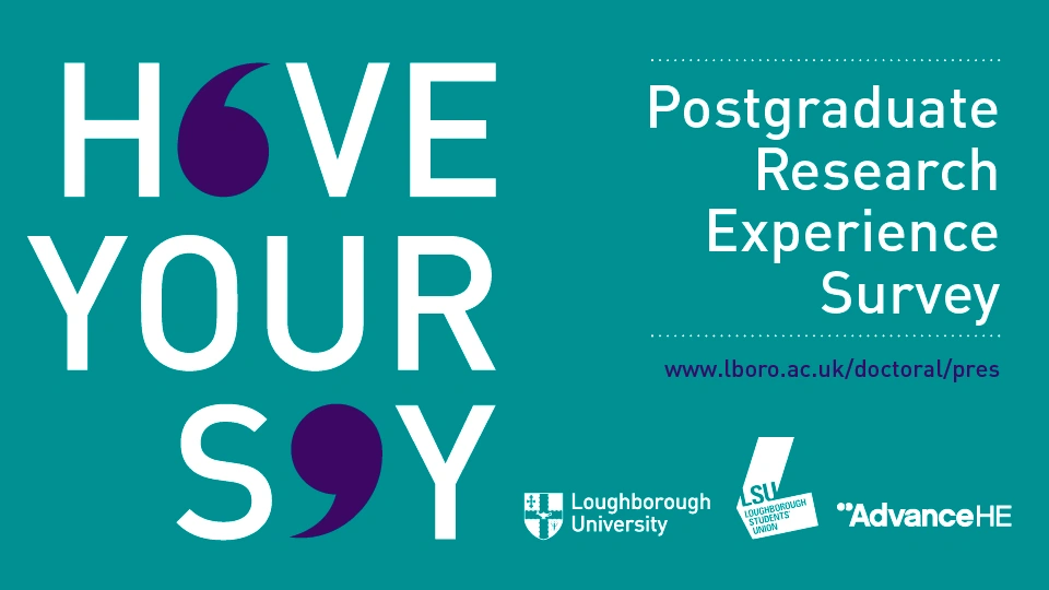 Teal background with 'Have your say, Postgraduate Research Experience Survey' in white text