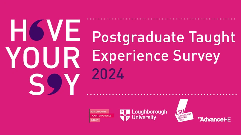 Pink background with text reading 'Have your say', 'Postgraduate Taught Experience Survey 2024' and the PTES, Loughborough University, LSU and Advance HE logo underneath.