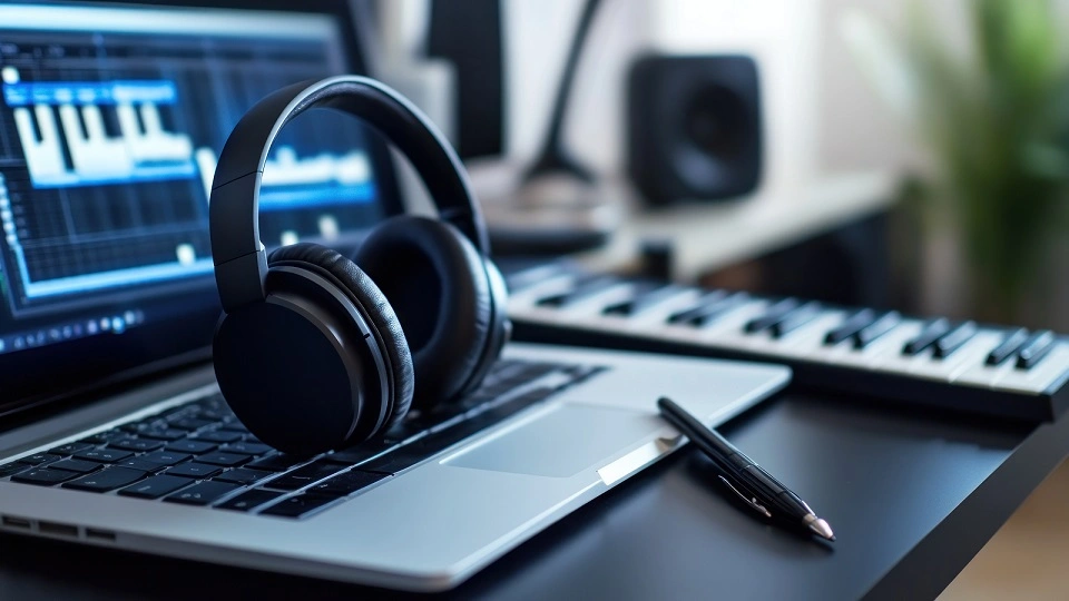 Headphones and a pen resting on a laptop