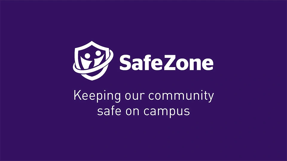 SafeZone logo and text on a purple background with the slogan 'Keeping out community safe on campus'