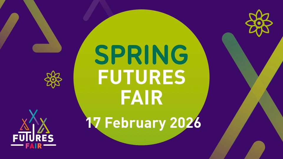 Green circle on purple background with colourful flowers and tents. Text reading 'Spring Futures Fair 17 February 2026 Futures Fair'