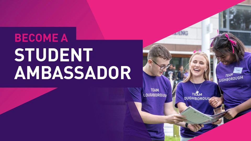 Three student ambassadors on a purple and pink background. Text says 'Become a Student Ambassador'